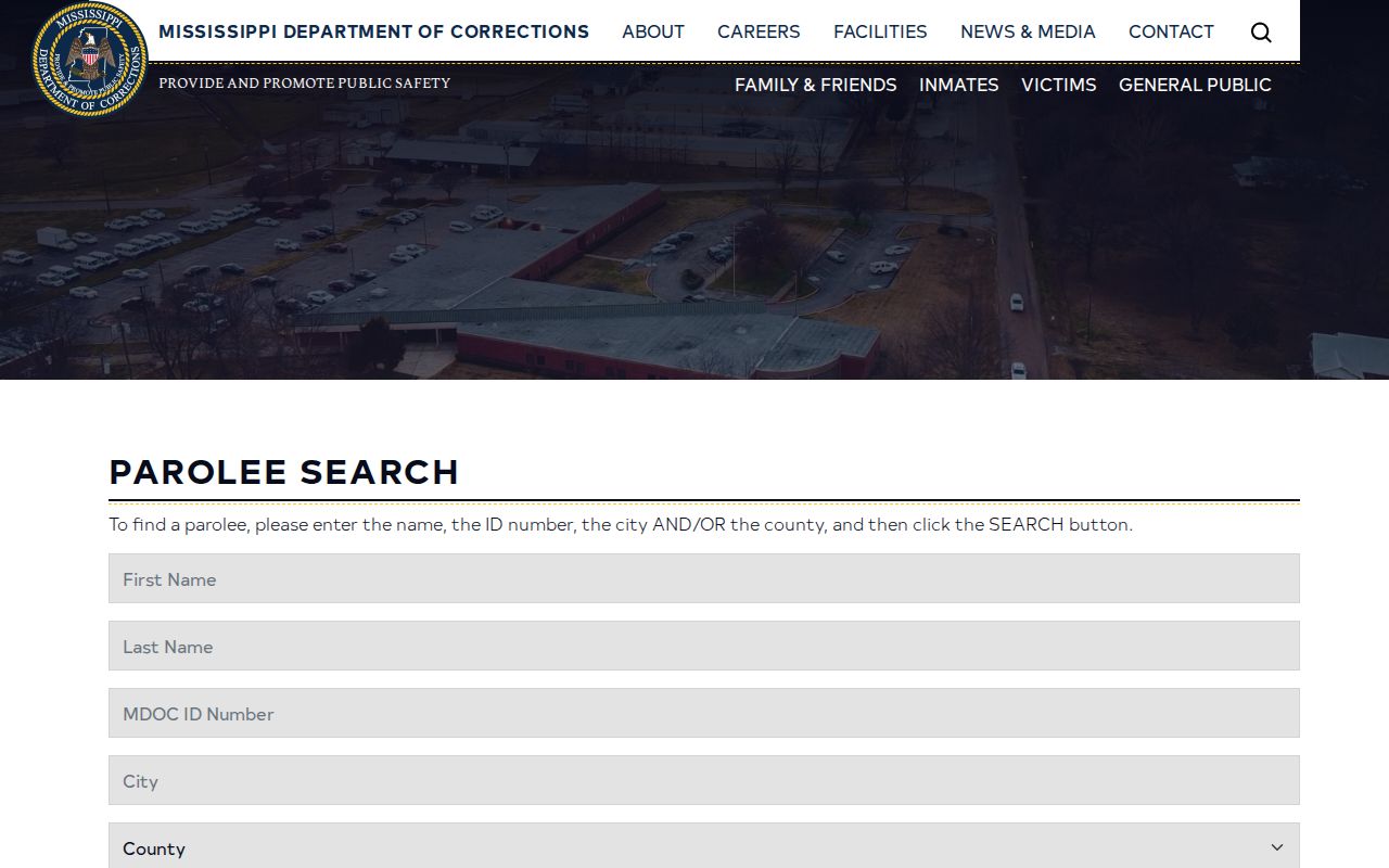 Webster County parole and probation search fields on MDOC